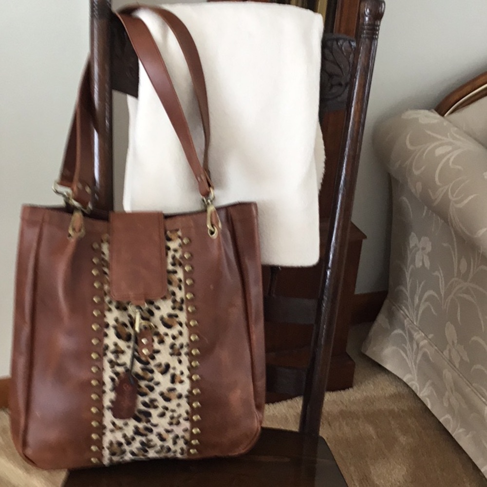 Large brown leather Hair on Hide tote.